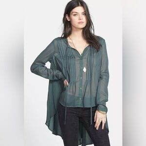 Free People Sisters Of The Moon Green High Low Tunic Button Down Size XS Boho